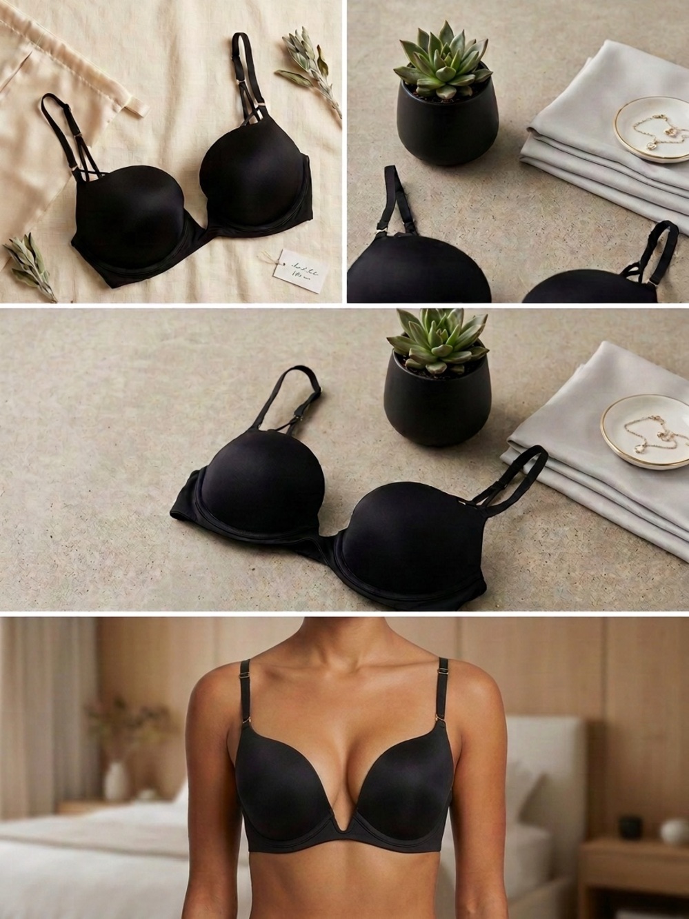 La Senza Black Deep Plunge Push Up Bra Low Cut Neckline Smooth Wing 34DD EUC